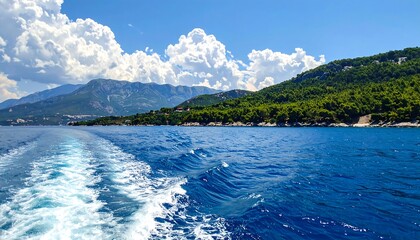 Scenic coastal view from a boat, showing water's wake, hills and blue sky with puffy white clouds. Green foliage on land