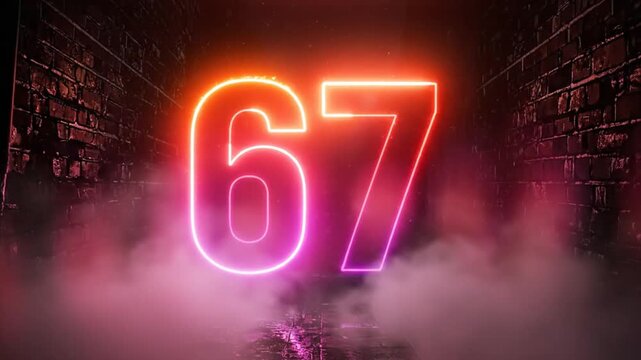 Neon Number 67 Glowing in Dark Environment with Smoke.