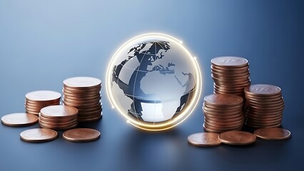 Global finance and economic growth are represented by a world globe surrounded by stacked coins