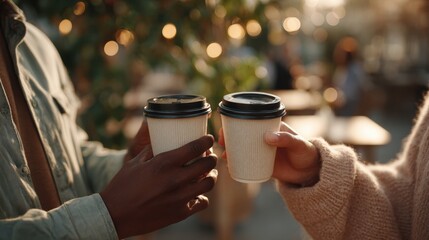 Two people are outside enjoying a moment by clinking their takeaway coffee cups as the sun sets. The scene features warm lights and a casual atmosphere