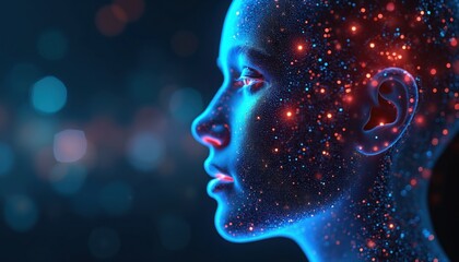 Abstract digital face composed of luminous particles. Blue and red lights form a human profile in dark space. Futuristic cybernetic head representation. Future tech concept illustration.