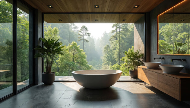 Modern bathroom with large window overlooking green forest. Bathtub and sink area with wood vanity. Plants add touch of nature. Serene, clean, and luxurious. - Powered by Adobe