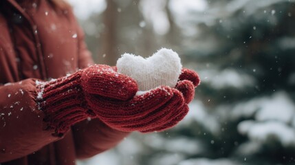 Hands covered in red knitted mittens hold a heart-shaped piece of snow in a snowy setting. The scene captures the essence of Valentine's Day in a cozy winter atmosphere