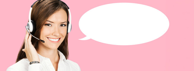 Representative call center. Businesswoman callcenter support phone operator in microphone headset, isolated rose pink background with white empty mockup speech bubble. Customer service help ad