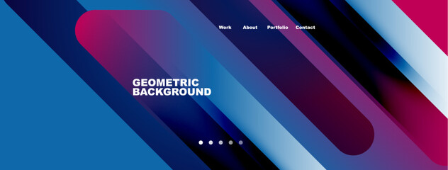 Abstract geometric background. Blue, purple hues dominate design. Navigation menu present. Modern, vibrant aesthetic.