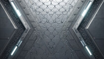 Obraz premium Sci-fi paneling interior with metallic texture and geometric patterns. Futuristic architecture design with linear lights and intricate details, ideal for backgrounds.