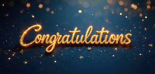 Golden word Congratulations sparkles on dark blue background with stars. Festive greeting message, perfect for celebrating success achievements, special events, or holidays.