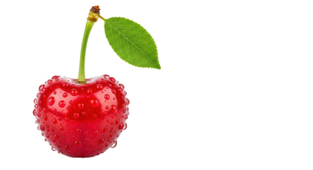 Plump, heart-shaped red cherry with green stem, leaf, and glistening water droplets, isolated on transparent background, close-up macro, concept of natural freshness and vitality