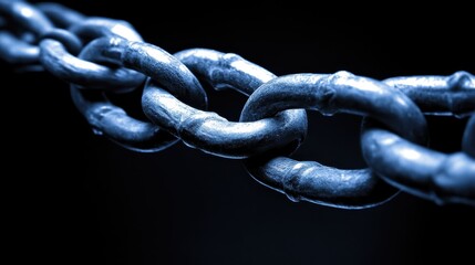 A close up view of dark metallic chains with textured links forming a complex pattern against a deep blue black background
