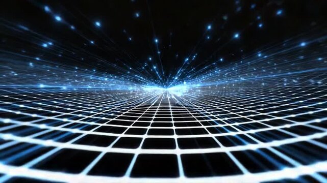 A mesmerizing digital landscape glowing in blue tones, showcasing an infinite grid stretching into the distance