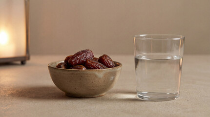 Bowl of dates and glass of water for breaking fast