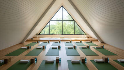 Modern attic yoga studio with large window and rows of mats