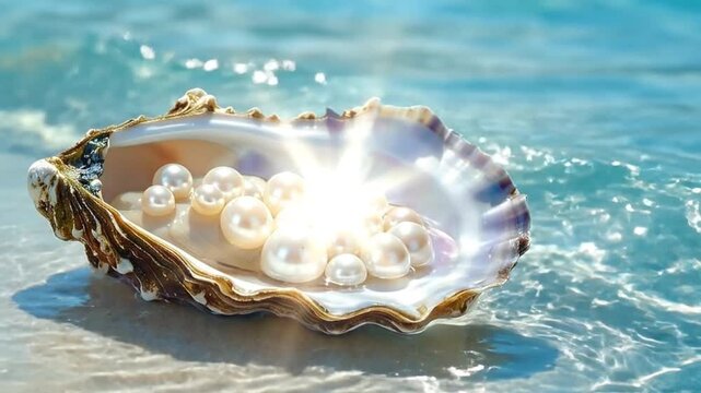 Beautiful Pearls in an Open Shell on the Beach with Sparkling Water.