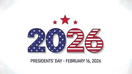 A patriotic graphic displaying the year 2026 with stars and stripes for presidents day