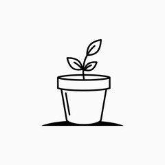 Fototapeta premium Line art illustration of a small plant seedling growing in a flower pot, representing concepts of growth, nature, gardening, and sustainability.
