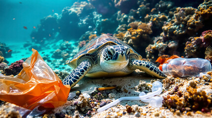 Marine Turtle with Floating Trash in Blue Ocean Generative AI

