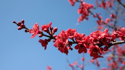Branch of pink cherry blossoms against blue sky