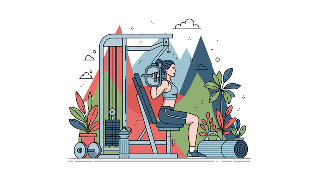 Woman exercising on a chest press machine in a colorful gym setting.