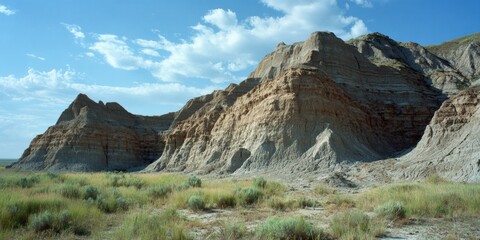Dramatic rock formations under blue sky in arid landscape