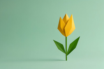 Delicate origami tulip on a calm green background