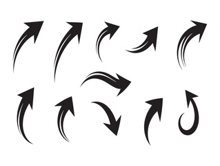 Obraz premium A collection of 10 black arrows with varying curves and directions on a white background