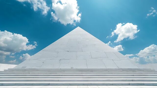 White pyramid structure with wide steps under blue sky and scattered clouds in daylight