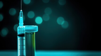 A close up of a medical syringe with a specially designed tip containing liquid in a laboratory setting with bokeh lights in the background