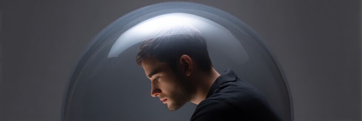 Contemplative young caucasian male seated inside large transparent sphere