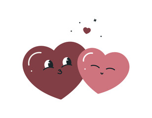 Two cute hearts on white background. Symbol of love for Valentine's day, birthday, wedding. For scrapbooking, postcards, wrapping paper, fabrics, wallpaper. Cartoon flate style.
