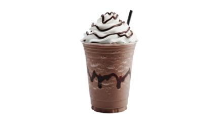Iced chocolate coffee frappuccino, dark brown, clear cup, condensation, white whipped cream, chocolate drizzle, isolated on white. Concept for beverage ad