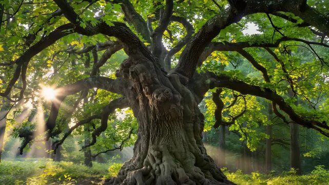 Majestic ancient oak tree bathed in golden sun rays within a tranquil enchanted forest