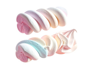 Two twisted, swirled, pastel marshmallows against a black background