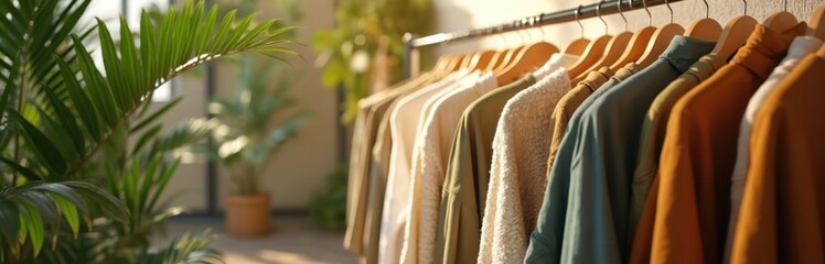 Eco-friendly apparel hangs on wooden hangers in bright, airy boutique. Natural textiles and muted earth tones create calm, conscious shopping environment. Green plants add touch of organic freshness.