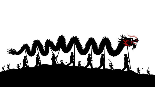 Dynamic Chinese Dragon Dance Silhouette with People Celebrating Cultural Festival