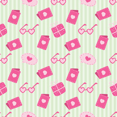 Heart, gift box, glasses, card, and speech bubble seamless pattern on a striped green background. Valentine concept. For the card, fabric, and wrapping paper.