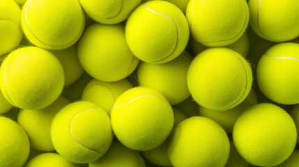 A multitude of bright yellow tennis balls fills the scene, showcasing a lively array of texture and color. Their fuzzy surfaces reflect the joy of sport and competition