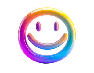 A glossy, rainbow-colored smiley face against a black background