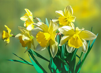 Bright yellow spring daffodils on a blurred background.