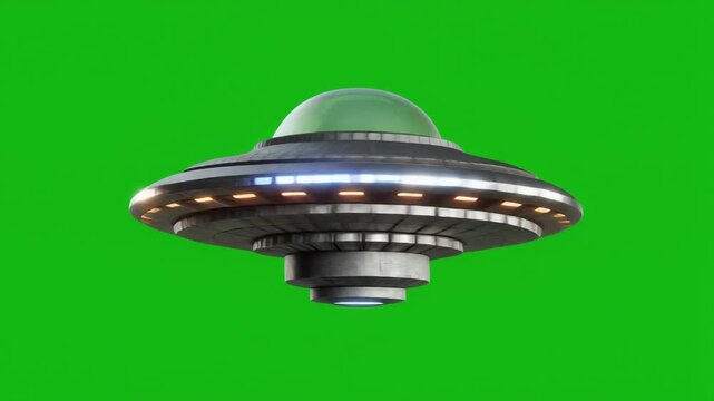 UFO Flying Saucer on Green Screen Background.