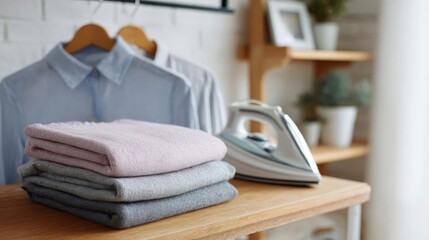 Wooden shelf with a stack of folded clothes and an iron on it. on the left side of the shelf, there is a light blue button-down shirt hanging on a wooden hanger.