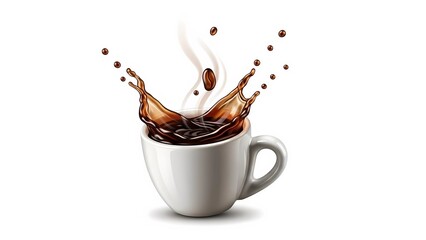 A white coffee cup with coffee splashing out and beans flying through the air