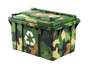 Camouflage-patterned recycling bin with lid and recycling symbol