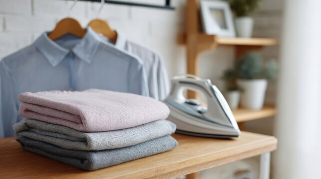 Wooden shelf with a stack of folded clothes and an iron on it. on the left side of the shelf, there is a light blue button-down shirt hanging on a wooden hanger.