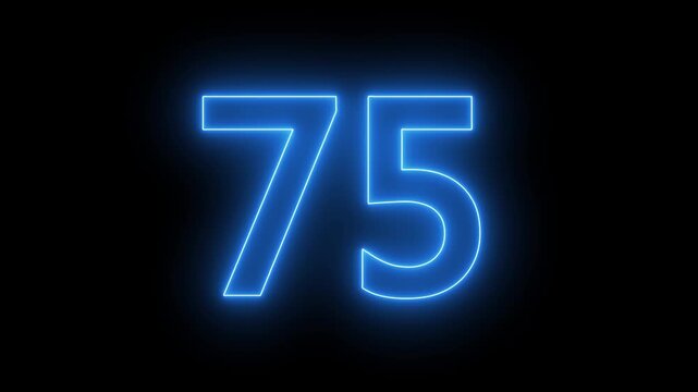 glowing neon text 75 number countdown icon. abstract neon text 75 number countdown timer background. flickering neon number 75 on black background.