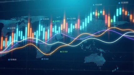 Global Financial Market Data Visualization with Digital Candlestick and Line Charts on World Map Background: Business Trends & Investment Analytics