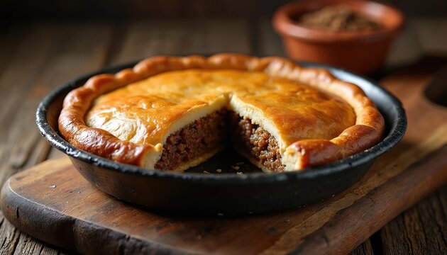 Savory meat pie with golden crust sits in cast iron pan on rustic table. Filling is visible as pie is sliced, with spice blend nearby. Delicious homemade comfort food. - Powered by Adobe