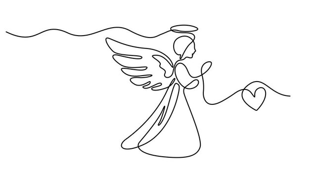 Simple vector Christmas angel with heart, continuous one line drawing animation, print for clothes and logo design video, Full length line animation. 4K video