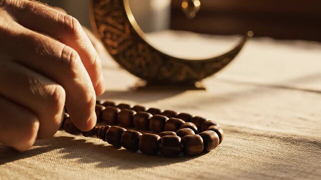 Fingers holding large wooden tasbih beads near crescent moon