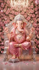 Fototapeta premium Divine Ganesha Statue in Pink Elegance: Sacred Elephant-Headed Deity Seated on Ornate Throne Amidst Floral Backdrop with Chandelier, Symbolizing Wisdom, Prosperity, and New Beginnings