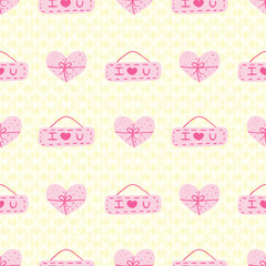 Heart gift, and tag seamless pattern on a yellow tartan background. Valentine concept. For the card, fabric, and wrapping paper.